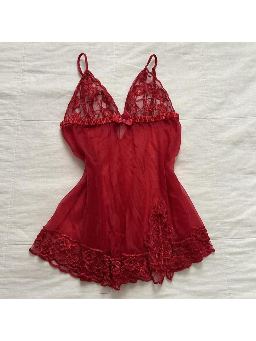 Frederick's of Hollywood Red Lace Mesh Babydoll Slip Cami Size M